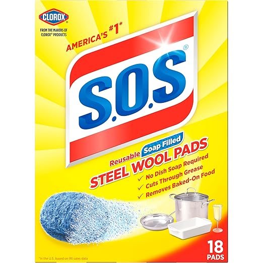 S.O.S Steel Wool Soap Pads, Home Cleaning Pads, Reusable Soap Scrubbers, Grease Cleaner, Outdoor, Bathroom or Kitchen Cleaning, 18 Count (Pack of 12)