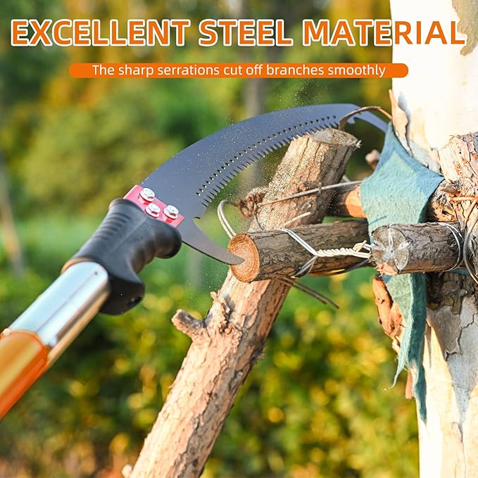 Manual Pole Saw for Tree Trimming, 27 FT Manual tree purner with 8-Section Fiberglass Handle, Sharp steel Blade, Easy to Carry and Extendable Design for Tree Maintenance, Orange