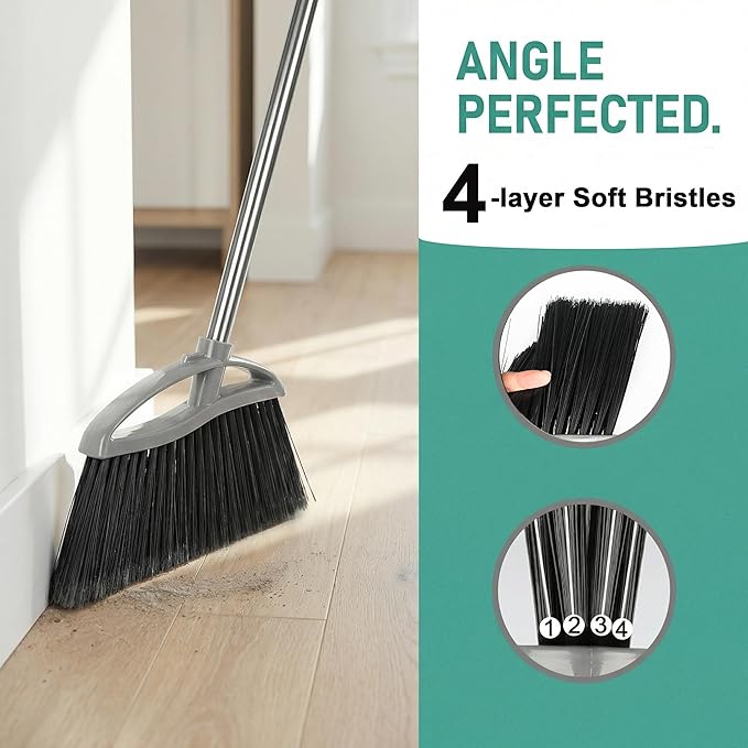 Soft Bristle Broom and Dustpan Combo Set, Long Handle Indoor Broom with Dustpan Set for Kitchen Hardwood Room Office and All Household Floor Cleaning (Gray)