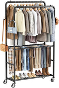 Clothes Racks for Hanging Clothes, Rolling Clothing Rack with Pants Rack, Side Hooks & Shoe Shelf, Portable Garment Rack for Bedroom, Laundry Room, Clothing Store, Closet, Black