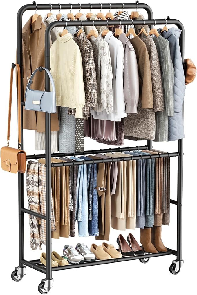 Clothes Racks for Hanging Clothes, Rolling Clothing Rack with Pants Rack, Side Hooks & Shoe Shelf, Portable Garment Rack for Bedroom, Laundry Room, Clothing Store, Closet, Black