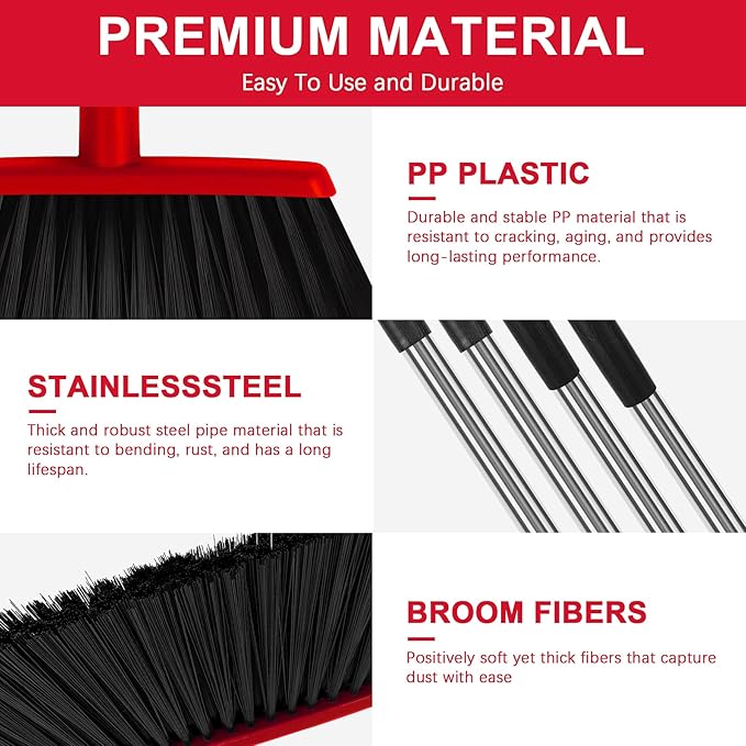 Heavy Duty Angle Broom, 55-Inch Long Handle Extra Wide 12.6 Inch Head, Stainless Steel Tube & PP Bristles for Pet Hair and Dust, Floor Safe - Red