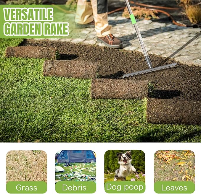 Joyhalo Rake for Leaves, 14 Tines Rakes for Gardening, Adjustable Length from 30.5 to 57 Inch Bow Rake, Metal Rakes for Gardening, Leveling, Loosening Soil