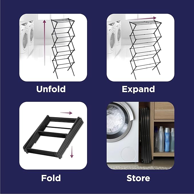 BLACK+DECKER 4-Tier Expandable Collapsible Clothes Drying Rack, Telescopic Height, Foldable Space-Saving Laundry Air Dryer for Towels, Shirts & Delicates – Durable Steel, No Tools Needed