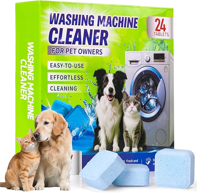 Washing Machine Cleaner Tablets for Pet Owners - Easily Removes Cat & Dog Hair, Urine, Odor,Residue,Front & Top Load Washer Machine Cleaner Deep Cleaning, Septic Safe, 24 Pack (12 Month Supply)
