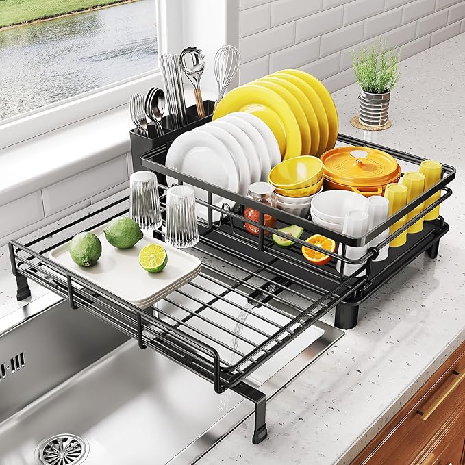 SNTD Dish Drying Rack - Extendable Dish Rack, Large Sink Drying Dish Drainer for Kitchen Counter, Stainless Steel Dish Strainer with Utensil Holder (Black)