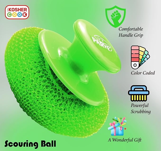 Parve Green Scouring Pad with Comfortable Handle – Ergonomic Easy Grip Dishwashing Cleaning Sponge Brush – Color Coded Home and Kitchen Accessories by The Kosher Cook