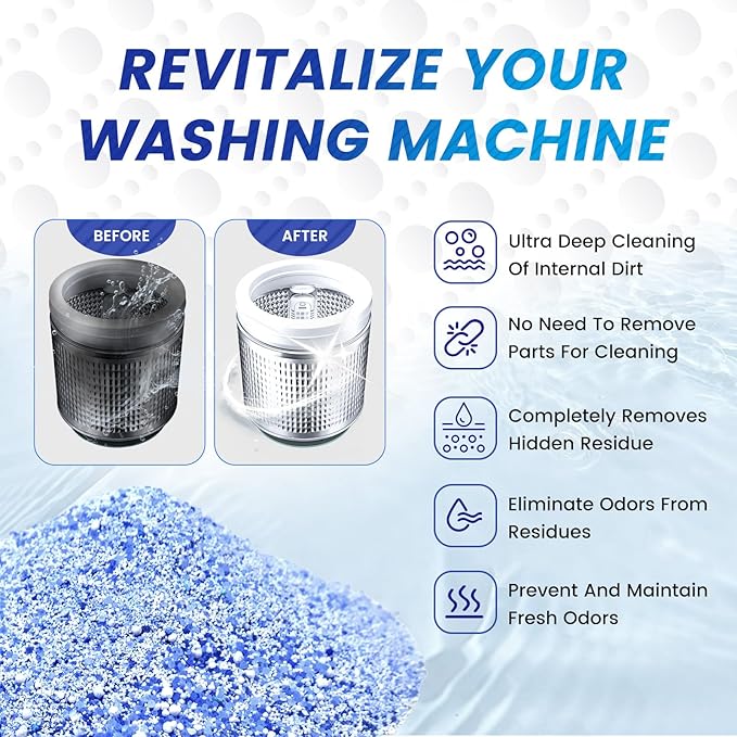 Washing Machine Cleaner Pre-Portioned Powder Tablets for Top Load & Front Load Washers, Odor-Removing, Detergent-Buildup Dissolving, Easy-Dissolve Maintenance Cleaner-12 Pack