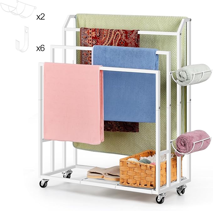 Freestanding Towel Rack for Bathroom Rolling Towel Storage Cart On Wheels Blanket Ladder with Shelf & 6 Hooks, Outddoor Poolside Towel Holder Stand, White
