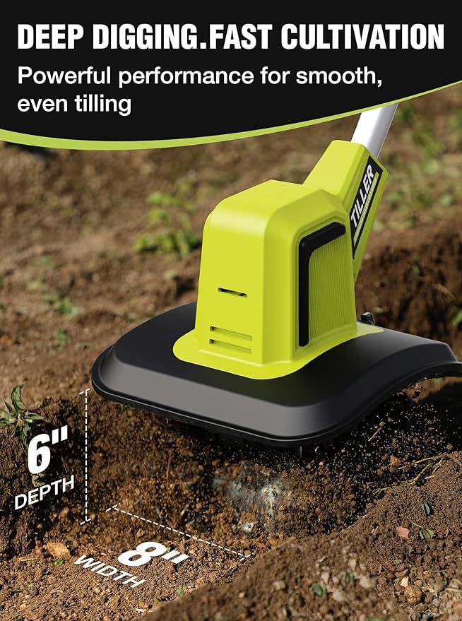 21V Cordless Tiller Cultivator, 400RPM Electric Rototiller with 48 Steel Tines, 4.0Ah Battery & Fast Charger, 8-inch Width 6-inch Depth Garden Tiller, Tiller for Gardening and Soil - Green