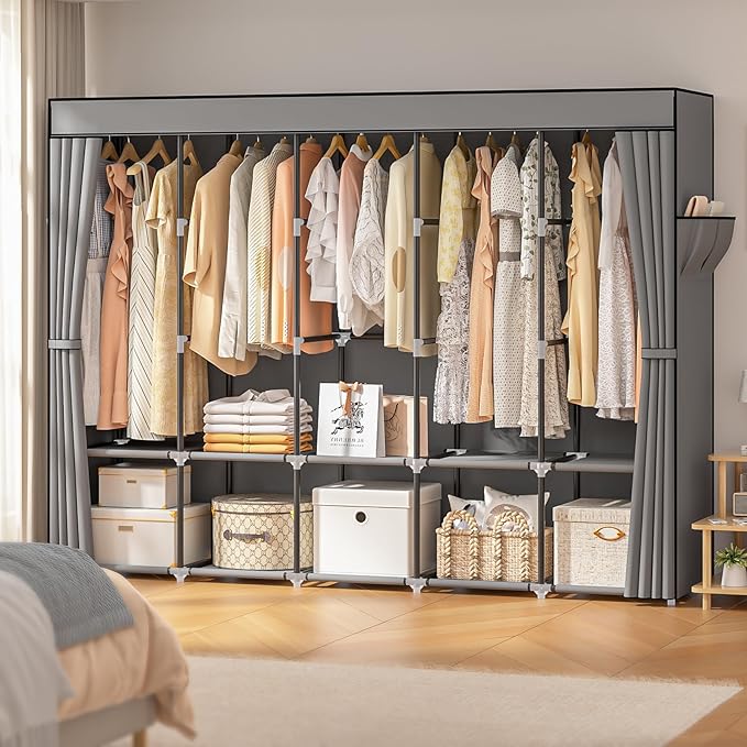 Neatrays Portable Closets for Hanging Clothes, 83 Inch Large Capacity Wardrobe Closet, Freestanding Armario De Ropa Closet with Cover & 5 Hanging Rods & 10 Storage Shelves (Grey)
