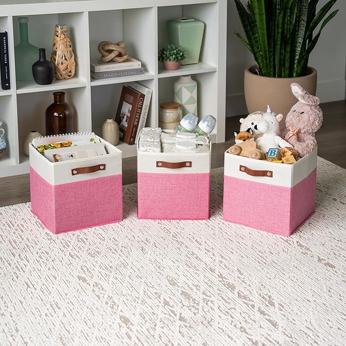 OrganiHaus 11" x 11" x 11" Fabric Cubes Storage Bins Set of 4, Foldable Collapsible Canvas Storage Bins for Organizer, Toy Organizer for Kallax, 11 Inch Linen Cube Shelf Baskets - Pink/White