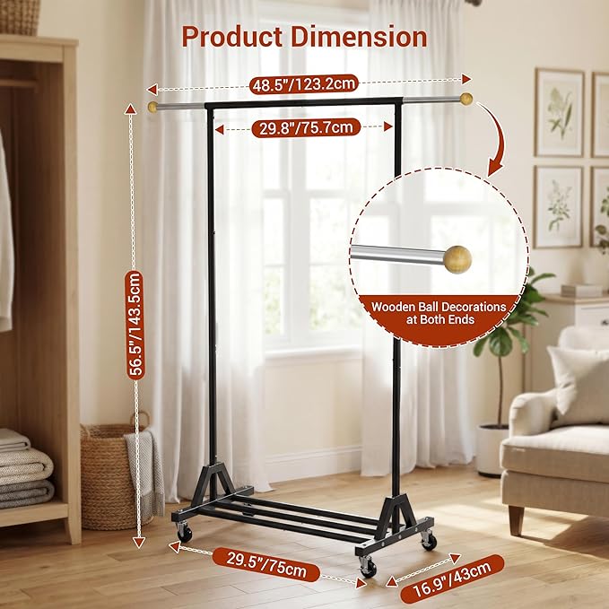 Rolling Garment Rack - Retractable Clothes Rack with Hanging Rods, Lockable Wheels and Bottom Storage Shelf - Sturdy Coat Rack, Freestanding Clothing Organizer for Bedroom, Laundry & Closet