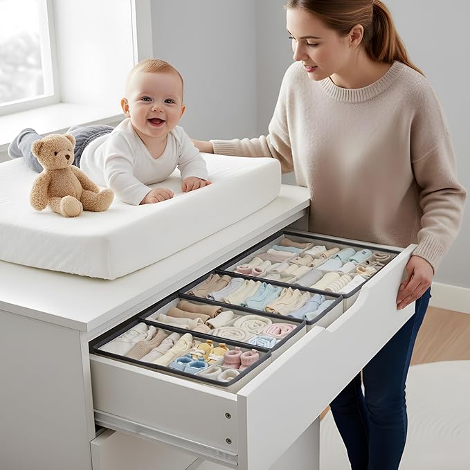 DECOMOMO Drawer Organizer for Baby – Clothes Organizer & Storage Dividers for Nursery, Storage Bins for Underwear, Bra, Socks, Diapers & Newborn Essentials (Beige, 12pcs)