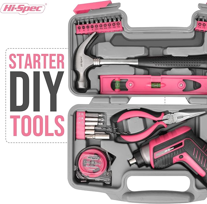 Hi-Spec 35-Piece Tool Kit with 3.6V USB Small Electric Screwdriver Set, Pink Drill Set for Women, Tool Kit for Home