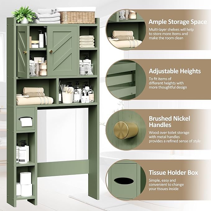 Meilocar Over The Toilet Storage Cabinet, 64.6" Tall Bathroom Organizer Space Saver with Toilet Paper Holder & Adjustable Shelf, Freestanding Wood Cabinet for Small Space, Green