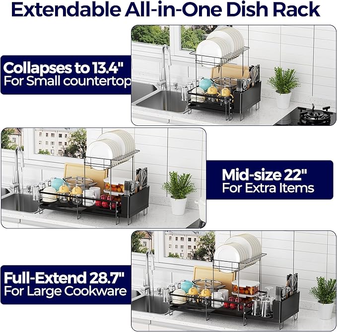 2 Tier Large Dish Drying Rack, Expandable Dish Rack for Kitchen Counter, Dish Drainer with Drainboard Set, Multifunctional Dishrack with Utensil Holder & Cup Holder, 13.4"-28.7" L x 11.8" W