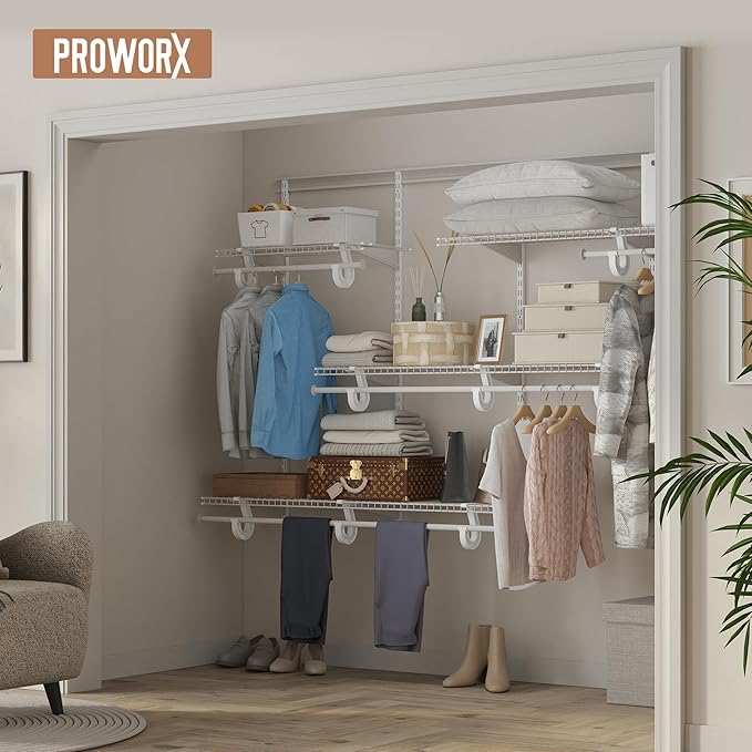 PROWORX 5-8 Ft Closet Organizer System, White Adjustable Custom Metal Wire Shelving Wall Mounted, Expandable Organization and Storage Shelf Kit with Hanging Rods
