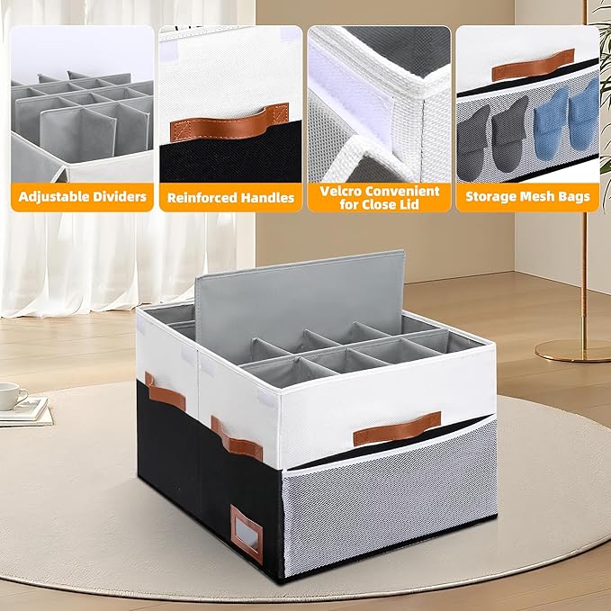 Supowin Shoe Organizer for Closet, Foldable Shoe Storage Bins with Lid & Adjustable Dividers, Fabric Shoe Box Storage Containers with Four Reinforced Handles, Fits 16 Pairs, 1 Pack, Black & White