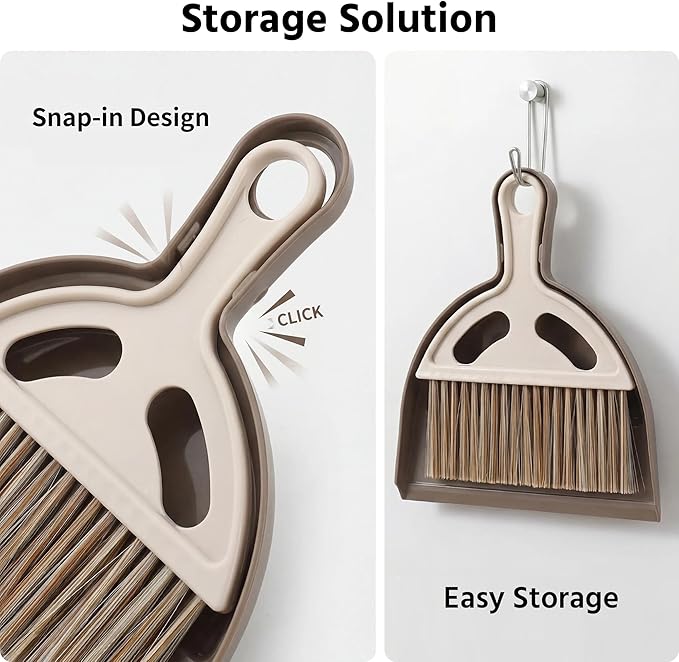 Mini Broom and Dustpan Set, Small Handheld Broom and Dustpan for Desk, Clip-On Hand Brush for Keyboard, Car Interior, Countertop, and Cat Litter Cleaning, Brown