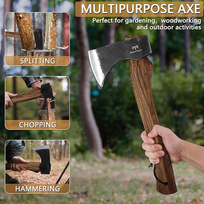 15.7" Hatchet, Camping Hatchet, Hand-Forged Axe with Sheath for Wood Chopping, Splitting, and Carving, Bushcraft Axe with Beech Handle for Outdoor Survival and Garden Work