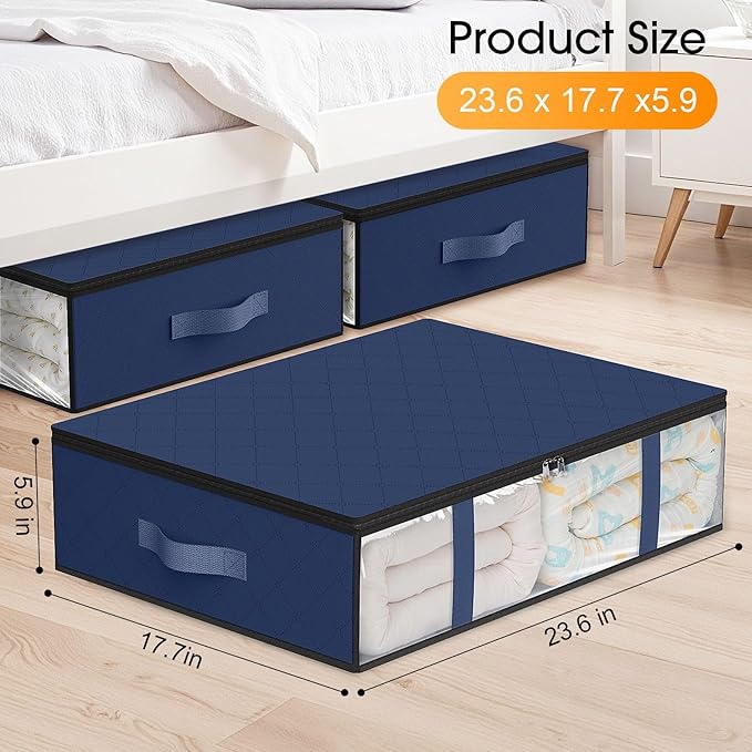 StorageRight Under Bed Storage Bags 6 Pack, 40L Large Clothes & Comforter Storage Containers with Clear Window, Breathable Fabric Organizer for Blankets, Bedding, Seasonal Clothing, Blue