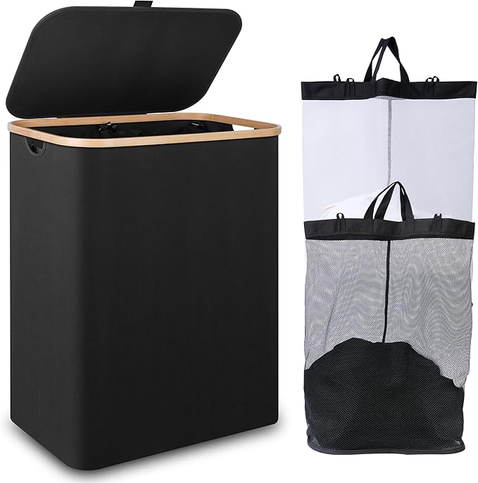 iEGrow 150L Laundry Basket with Lid,Large Laundry Hamper with Bamboo Handles, Hampers for Laundry, Dirty Clothes Hamper with 2 Removable Inner Bags for Clothes Toys Towels,Black