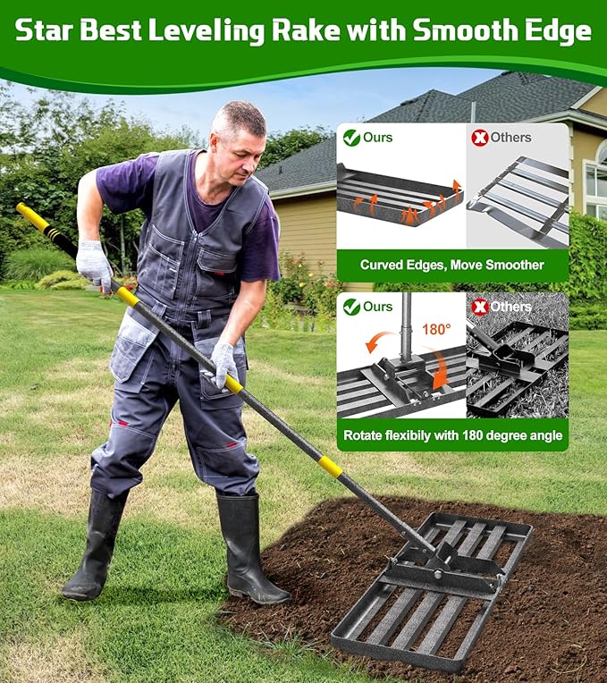 Lawn Leveling Rake 30x10 Inch , Heavy-Duty Yard Leveling Rake 6.2FT Leveler Tool for Soil, Sand & Topsoil, Backyard, Garden, Golf Course