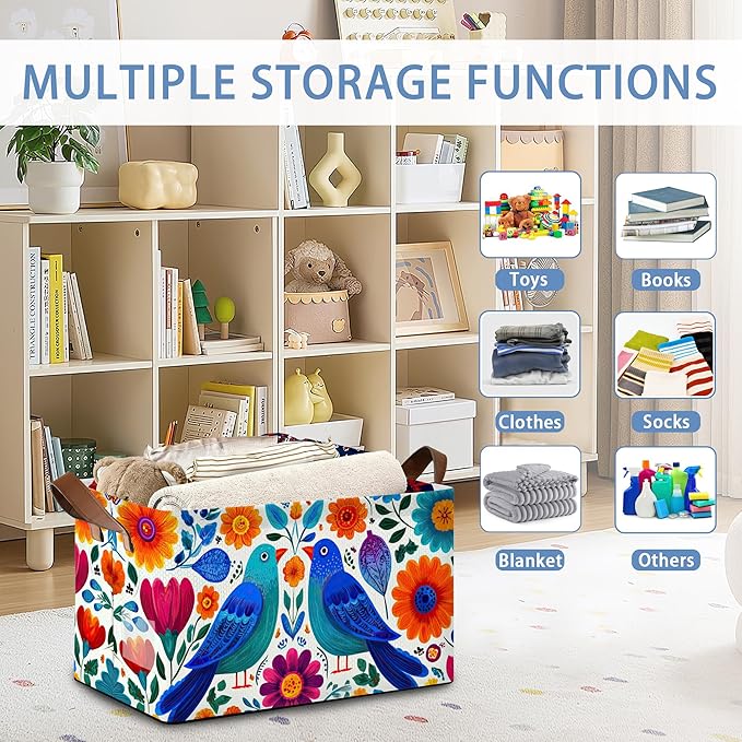 Colorful Bird Flowers Collapsible Storage Box,Mexican Style Organizer Bin with Handles for Room Decoration,Bins Book Basket Box 17x11.5x10Inch