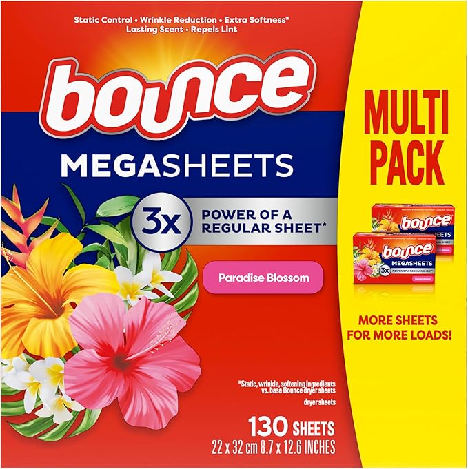 Bounce Mega Dryer Sheets, Paradise Blossom, 130 Count, Mega Fabric Softener Sheets with Static Control, Wrinkle Reduction, Extra Softness, Lasting Scent, Repels Lint