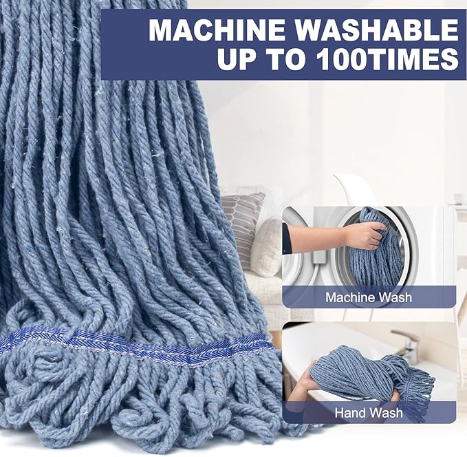 Commercial Industrial Mop for Floor Cleaning, 3 Extra Large Reusable Replacement Head with 59" Long Handle,Heavy Duty Looped-End String Wet Cotton Mop for House,Kitchen,Office,Garage,Tile Floor