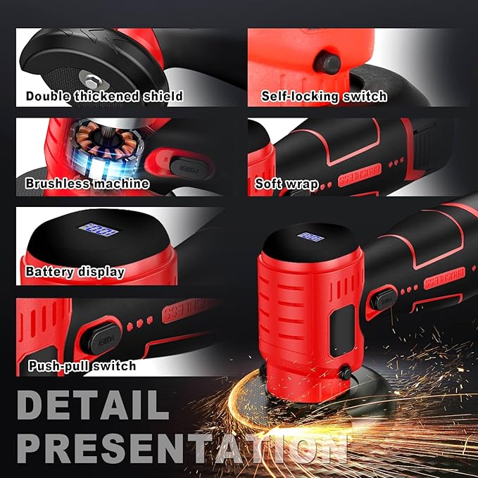 Brushless Cordless Angle Grinder Kit, 19500rpm Mini Electric Angle Grinding Tool with 2x16.8V 2000mAh Battery and 6-Cutting Discs, Grinder Handheld Cutter for Metal Wood
