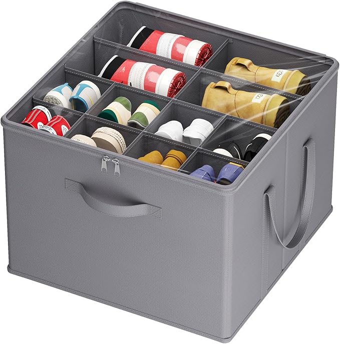 Lifewit Shoe Storage Organizer for Closet, Fabric Large Shoe Box Storage Containers with Clear Cover, Foldable Bins for Boots Heels Sneakers Fits 12-16 Pairs, 1 Pack Gray