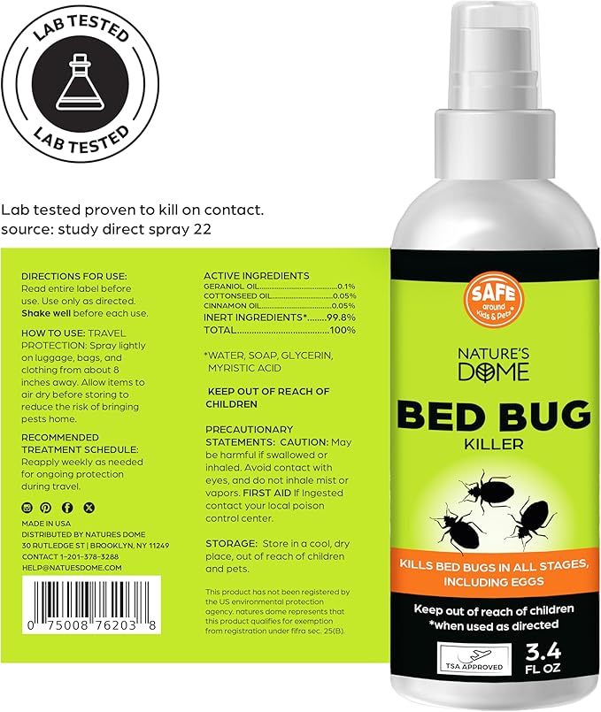 Nature's Dome Bed Bug Spray – 100% Kill Rate, 16 OZ Natural Bed Bug & Mite Killer, Destroys Eggs, Kills Resistant Strains, Long-Lasting Protection, Safe for Home Use (6.8)
