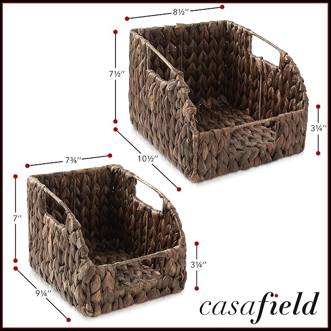 Casafield Set of 2 Water Hyacinth Pantry Baskets with Handles - Espresso, Woven Storage Bin Organizers for Kitchen Shelves, Medium and Large Sizes
