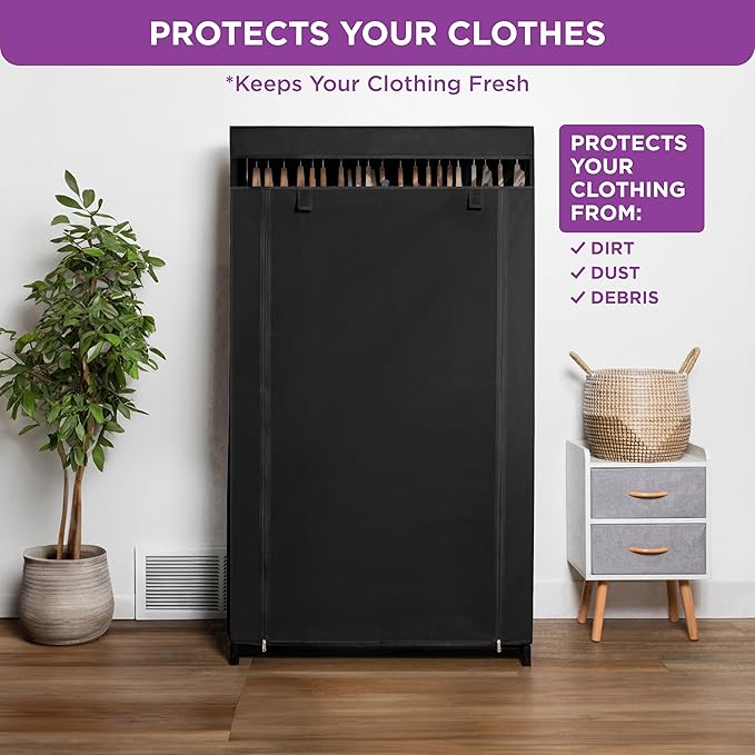HOLDN’ STORAGE Portable Wardrobe Closet - 50 lb Capacity, Internal Heavy Duty Metal Rod, Zipper & Clear Window, Durable Clothes Organizer, Tool-Free Easy Assembly, Black Canvas Cover