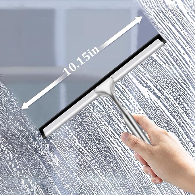10-Inch Shower Squeegee for Glass Doors, Stainless Steel Shower Squeegee with Shower Door Hook & Adhesive Hook, Multi-Purpose Bathroom Squeegee for Glass, Door, Mirror and Window (Silver)