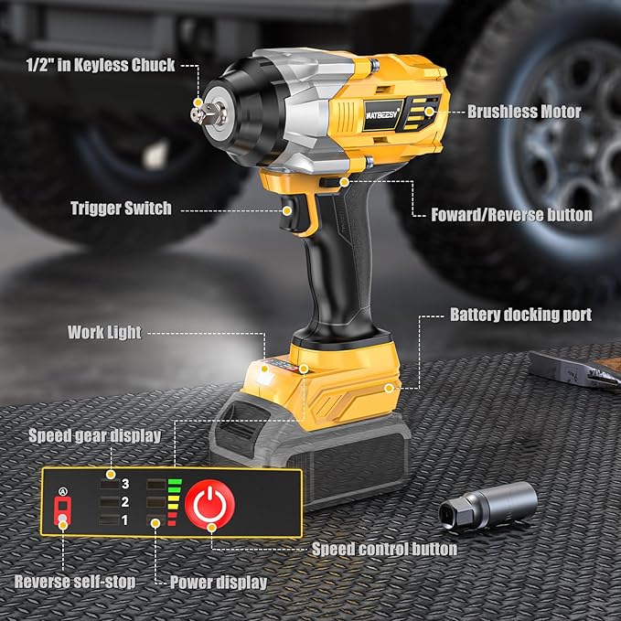 Cordless Impact Wrench Compatible with DeWalt 20V Battery: 1/2 Inch Hog Ring Impact Driver - High Torque - 1360N.m/1000Ft-lbs Cordless Impact Gun - Brushless Motor with LED Light - Tool Only