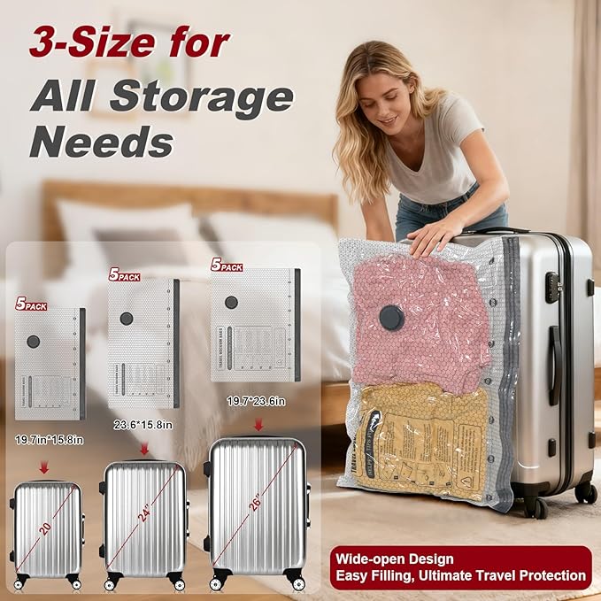 Rechargeable Wireless Pump Travel Storage Bags Set, 15 Combo (5XS/5S/5M) Portable Space Saver Bags for Travel & Home, Vacuum Compression Packing Seal for Clothes, Blankets, Home Seasonal Storage