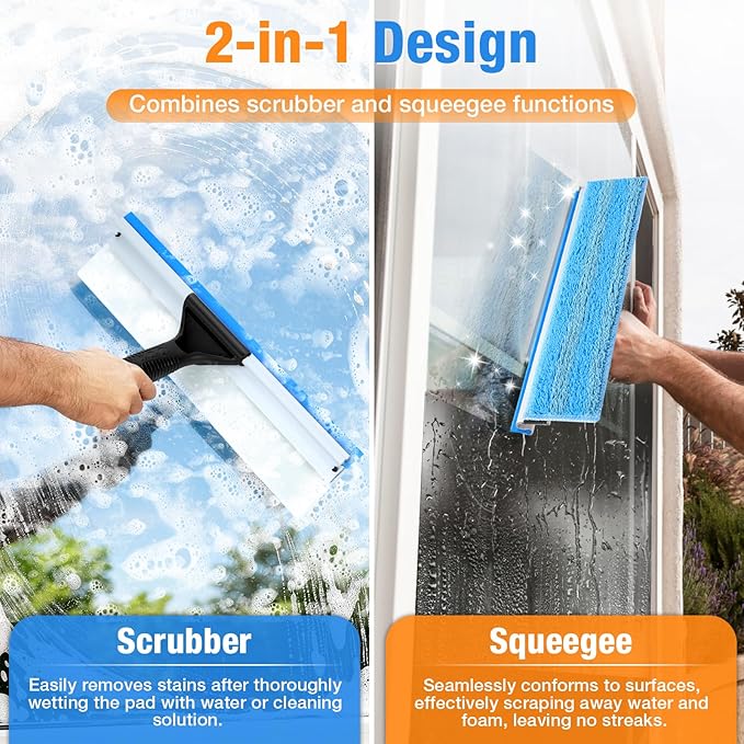 13.8" Window Squeegee for Glass Window Cleaning,All-Purpose Shower Squeegee with Microfiber Scrubber for Bathroom,Shower Glass Door,Mirror,Tile Wall, Car Windshield,Household Window Cleaner Tool,Bule