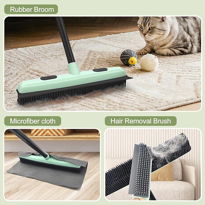 Upgraded Rubber Broom Pet Hair Remover with Squeegee Fur Sweeper Small Detailing Lint Brush to Fluff Carpet Rug Tile Hardwood Floor