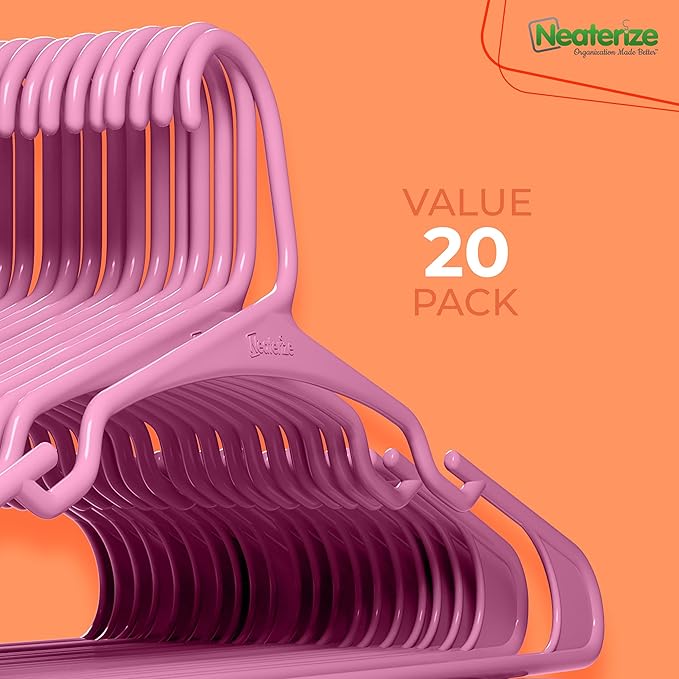 NEATERIZE Clothes Hangers Plastic 20 Pack for Adults - Plastic Hangers, The Perfect Coat Hanger and Space Saving Clothes Hangers for Closet, Percheros Ganchos para Colgar Ropa Hangars - Pink Hangers