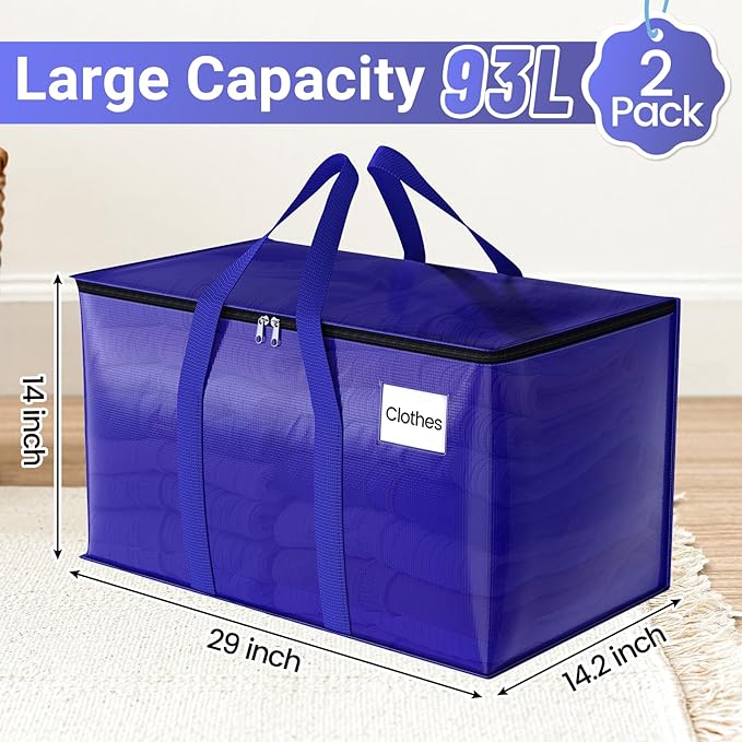 FabSpace Moving Storage Bags, Moving Supplies Packing Boxes for Moving, Camping, College Dorm Room Essentials for Girls, Blue Tote Bags, Heavy-Duty Storage Bins With Lids And Zippers, 93L 2 Pack