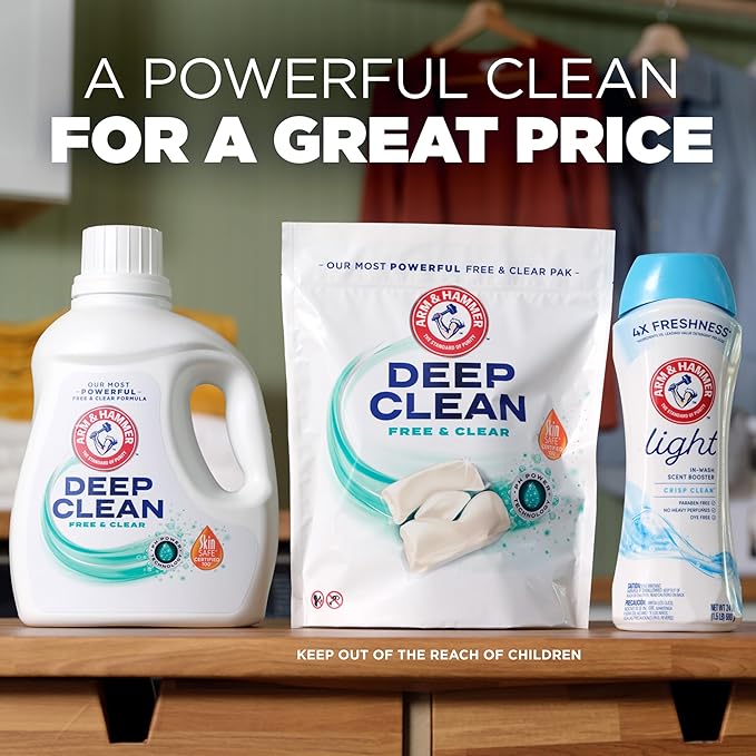 ARM & HAMMER Deep Clean Free & Clear Liquid Laundry Detergent, Free of Dyes, Perfumes and Phosphates, Suitable for Sensitive Skin, Dermatologist Tested, 102 Fl Oz, 68 Loads, (Pack of 2)