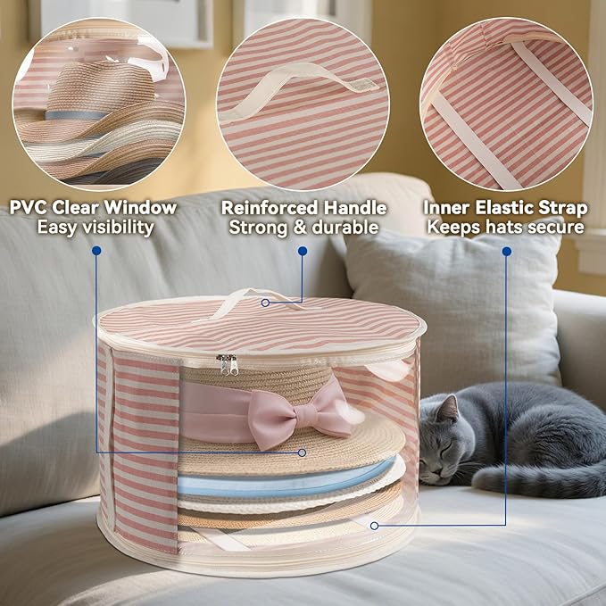 2 Pack Hat Storage Box with Clear Window, Holds up to 7 Caps Cowboy Hat Organizer Bag for Closet for Wide Brim Hats with Carrying Handles, Pink