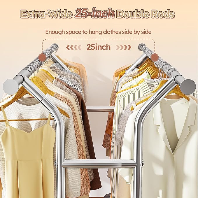 Raybee Clothing Rack Load 630 LBS, Clothes Racks for Hanging Clothes, Rolling Heavy Duty Clothing Rack, Metal Garment Rack for Clothes Storage Bedroom Closet Laundry Room