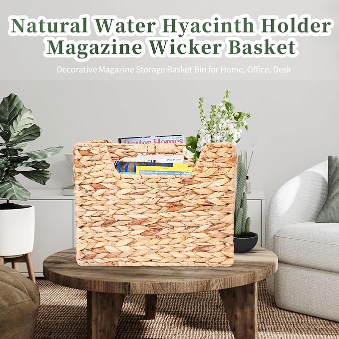 Magazines Holder - Wicker Magazine Rack, Handwoven Magazine Holders for Bathroom, Magazine Organizer for Books, Newspaper, Water Hyacinth Magazine Basket, 14.2 x 11.4 x 6.7 inch