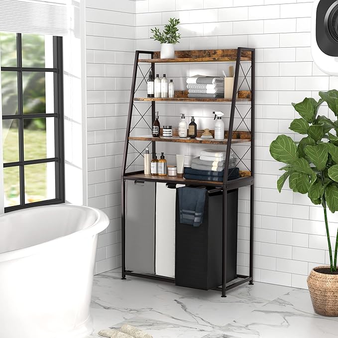 Herture Laundry Basket, 3 Section Laundry Hamper with 4 Tiers Shelf, Pull-Out and Removable Laundry Bags, Large 3 x 15.87 Gallons, for Laundry Room Bathroom Rustic Brown PF05XLN