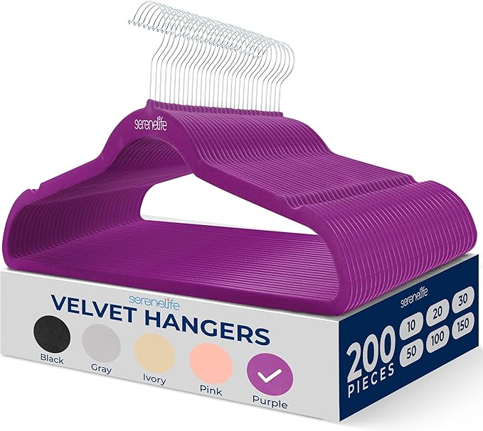 SereneLife 200 Pack Velvet Hangers - Non-Slip Felt Hangers with 360° Swivel Hook, Space-Saving, Ultra-Thin, Lightweight for Shirts, Sweaters, Hoodies, Kids Clothes & Dresses (Purple)