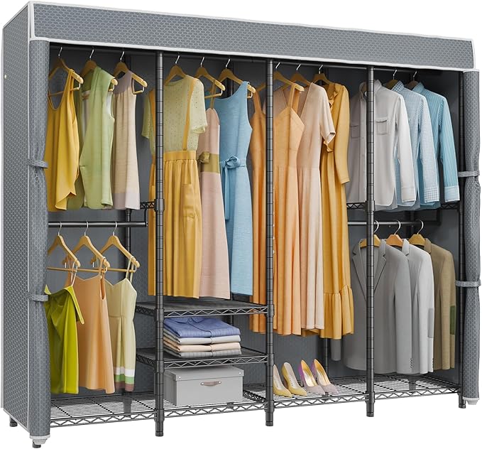 VIPEK V40C Covered Clothes Rack Heavy Duty Clothing Rack with Cover, Custom Freestanding Closet Portable Wardrobe Closet for Bedroom, Large Black Coset Rack with Grey Upgarded Polyester Cover